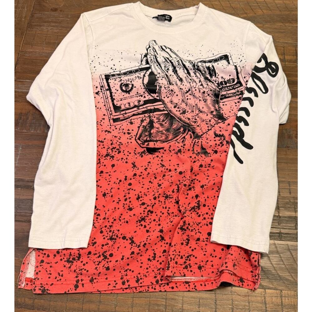 Color One Nation Blessed Praying Hands Money Graphic Long Sleeve Shirt Men’s M